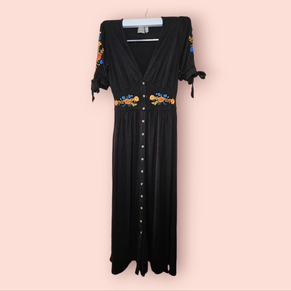 ASOS‎ Bohemian Chic Viscose Floral Embroidered Black Maxi Dress Sz 4